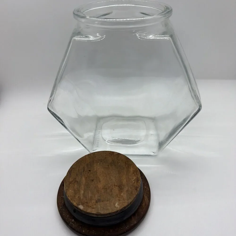 Vintage Hexagon 6 Sided Glass Candy Storage Jar w/ Wooden Lid-Libbey Of Canada
